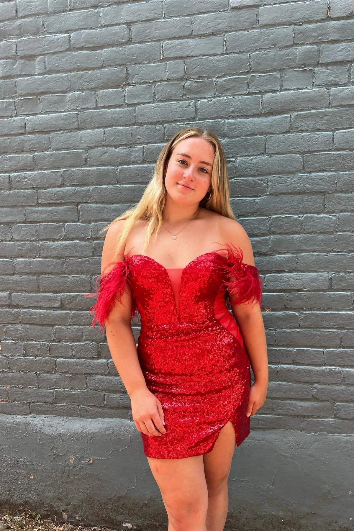 Alberta | Red Plunging Off-the-Shoulder Sequins Homecoming Dress with Feathers sold by KissProm
