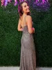 V Neck Grey Glitter Long Prom Dress With Slit sold by KissProm