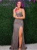 V Neck Grey Glitter Long Prom Dress With Slit sold by KissProm