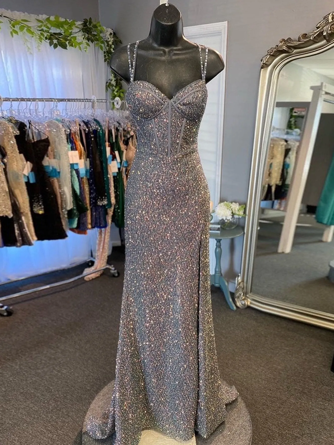 V Neck Grey Glitter Long Prom Dress With Slit sold by KissProm product image thumbnail 4