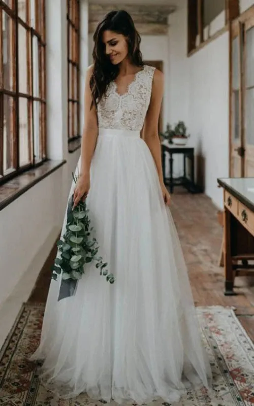 A-Line White Lace Scalloped-Neck Sleeveless Wedding Dress sold by KissProm