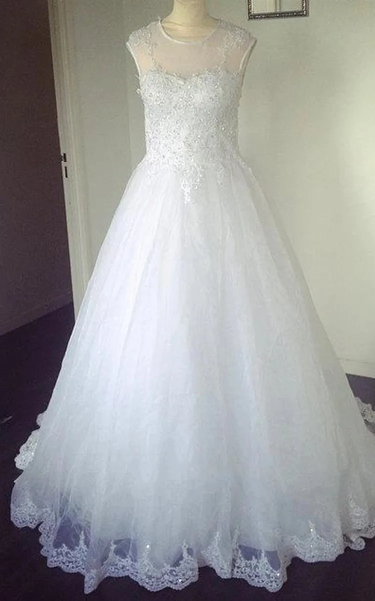 Jewel Neck Sleeveless Appliqued A-Line Beading Tulle Wedding Dress sold by KissProm
