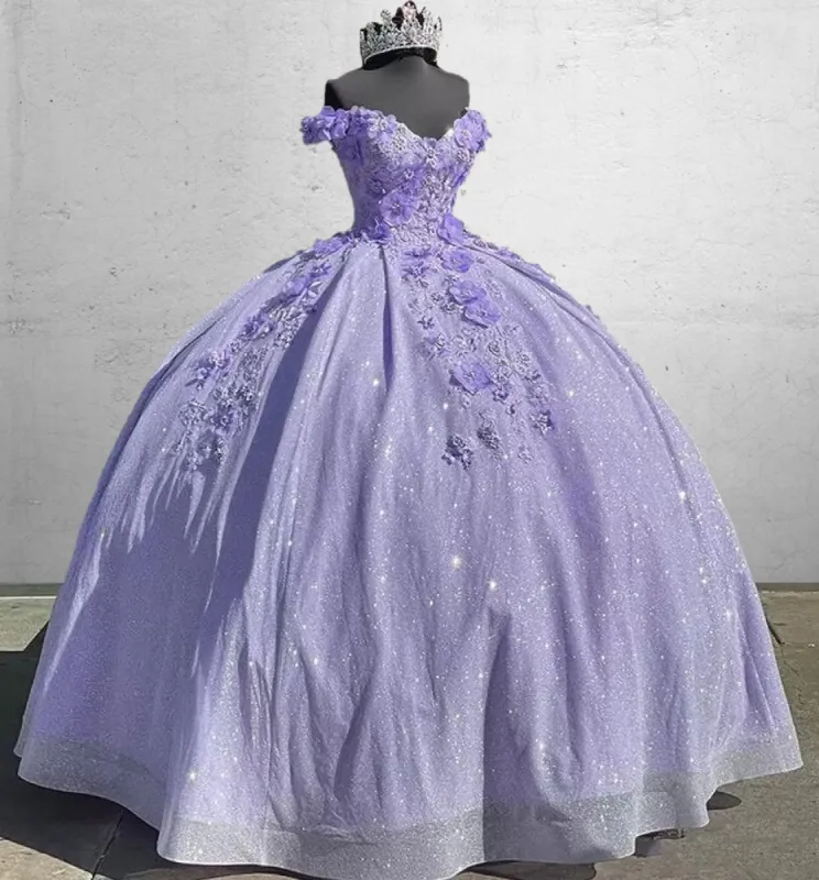 Off the Shoulder Lavender Sequin 3D Floral Quinceanera Dresses sold by KissProm