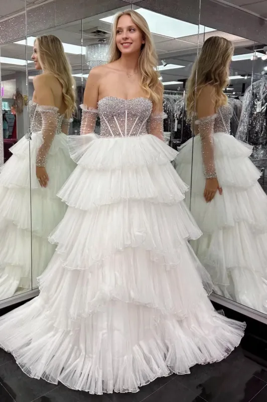 Lana |A-line Sweetheart Tiered Organza Prom Dress with Detachable Sleeves sold by KissProm