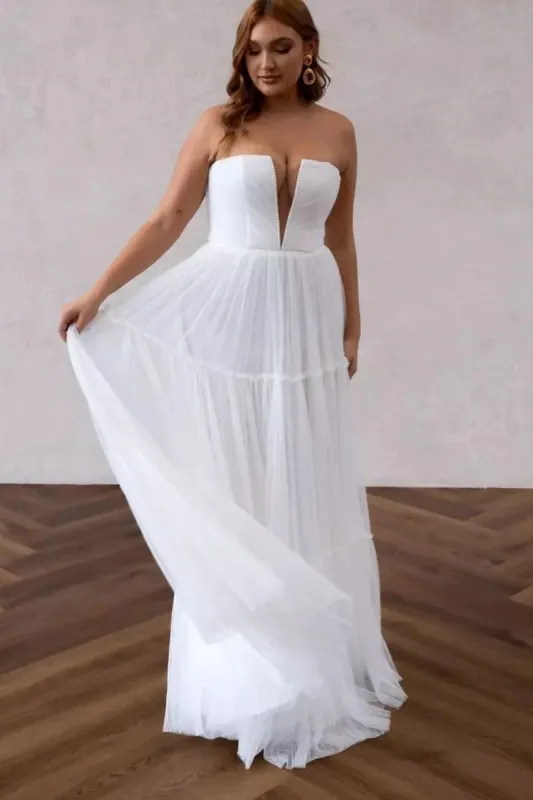 A Line V Neck Chiffon Long Wedding Dresses with Sweep Train sold by KissProm