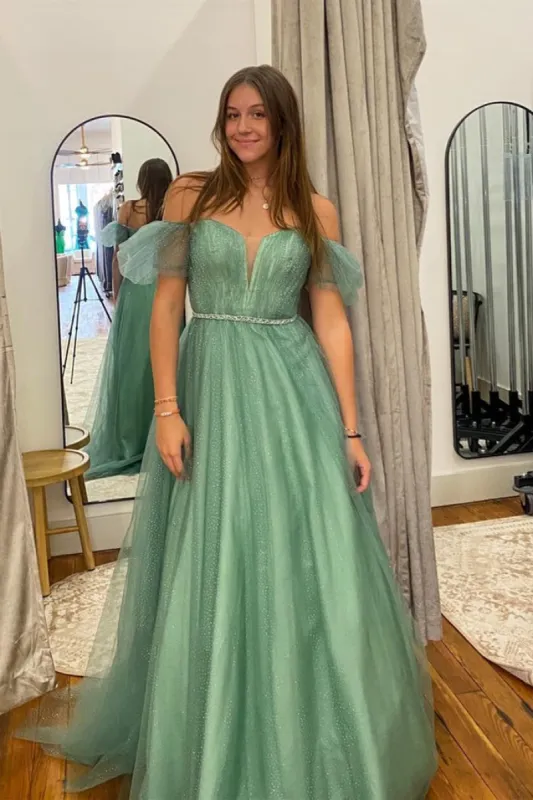 Lilyana | Sea Glass Tulle A-line V Neckline Off-Shoulder Long Prom Dress sold by KissProm