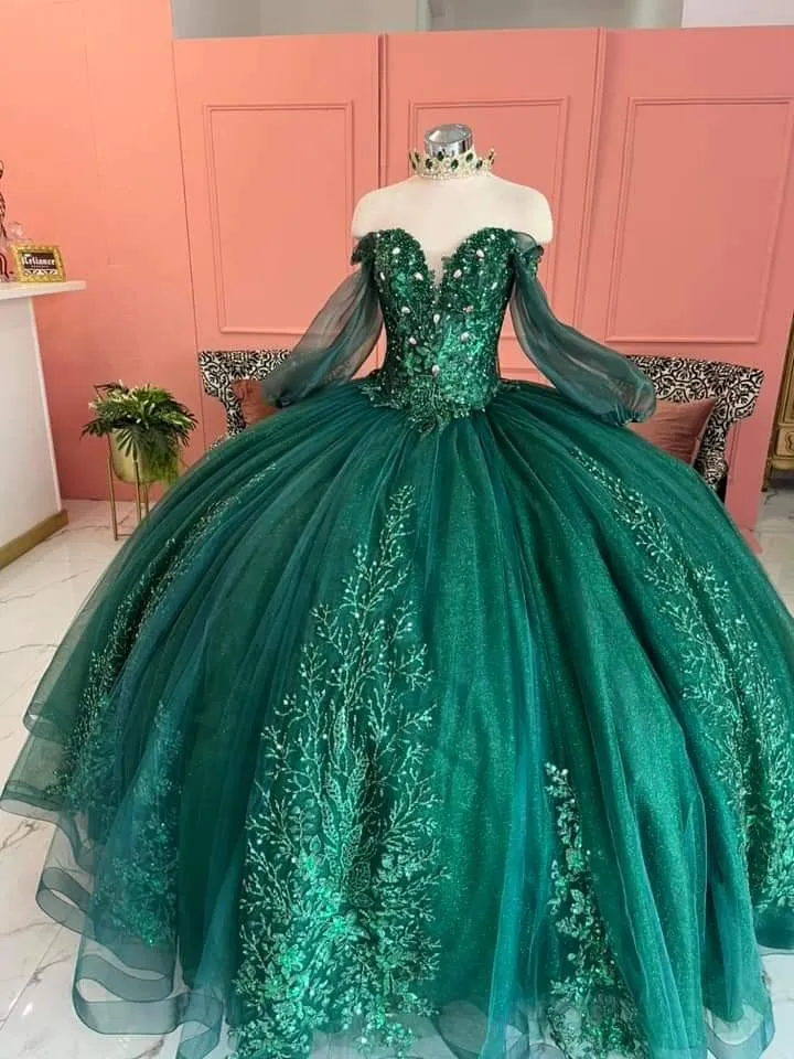 Dark Green Ball Gown Organza Half Sleeves Quinceanera Dress sold by KissProm