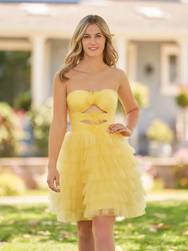 Feben | Strapless Tiered Ruffle Tulle Short Homecoming Dress With Flowers sold by KissProm