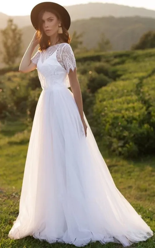 Bohemian A Line Lace Tulle Jewel Short Sleeve Wedding Dress with Ruffles sold by KissProm