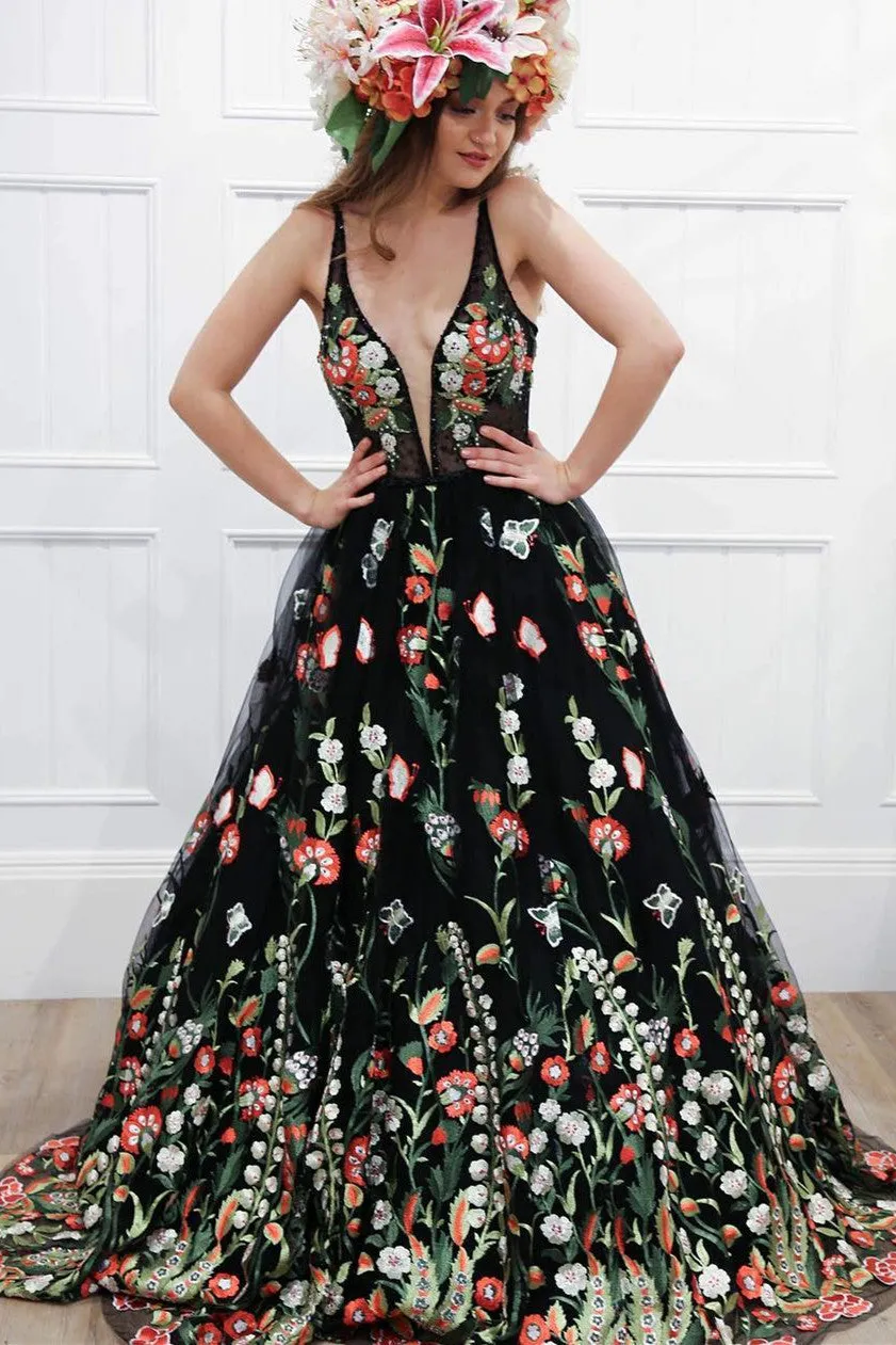 Harlee | Gorgeous Black Floral Embroidered Prom Dress sold by KissProm
