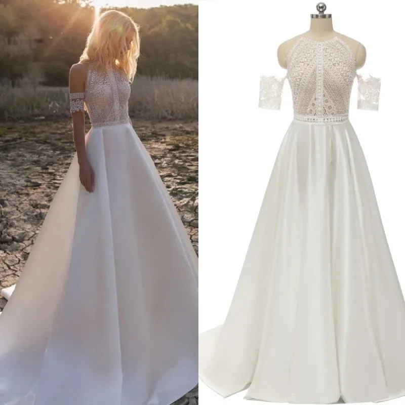 Lace Appliques A-Line Sleeveless Boho Off the Shoulder Wedding Dresses sold by KissProm