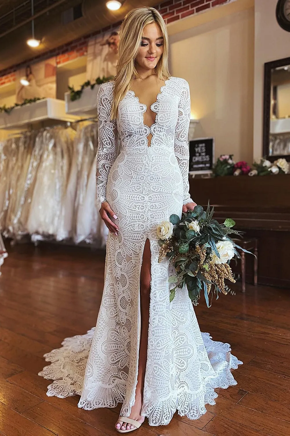 Lillie | White Mermaid Boho Long Lace Wedding Dress with Sleeves sold by KissProm