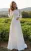 Modest A-Line Long Sleeve Floor Length Train Simple Casual Chiffon Bateau V-Back Wedding Dress sold by KissProm