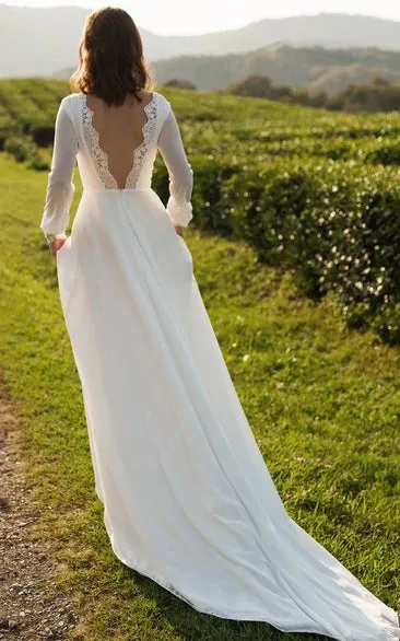 Modest A-Line Long Sleeve Floor Length Train Simple Casual Chiffon Bateau V-Back Wedding Dress sold by KissProm product image thumbnail 4