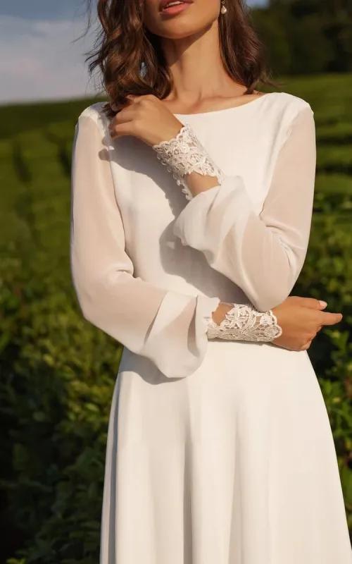 Modest A-Line Long Sleeve Floor Length Train Simple Casual Chiffon Bateau V-Back Wedding Dress sold by KissProm