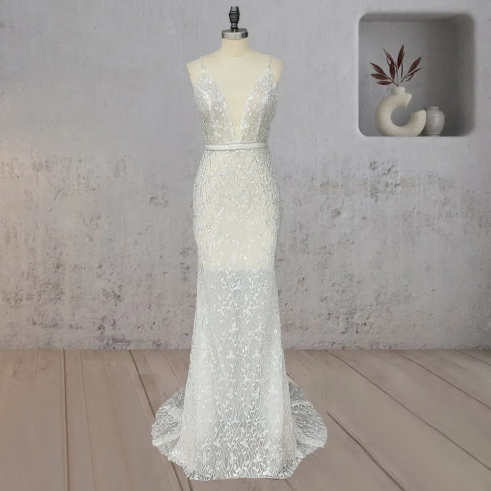 Mermaid Lace Deep V Wedding Dress with Appliques sold by KissProm