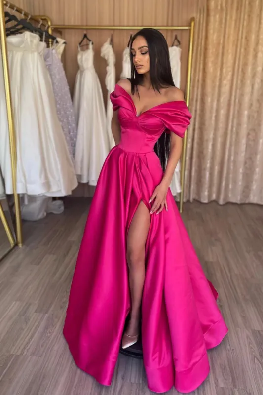 Murphy | Stylish A-Line Off the Shoulder Satin Long Prom Dress, Hot Pink Satin Pleats Evening Dress with Slit sold by KissProm