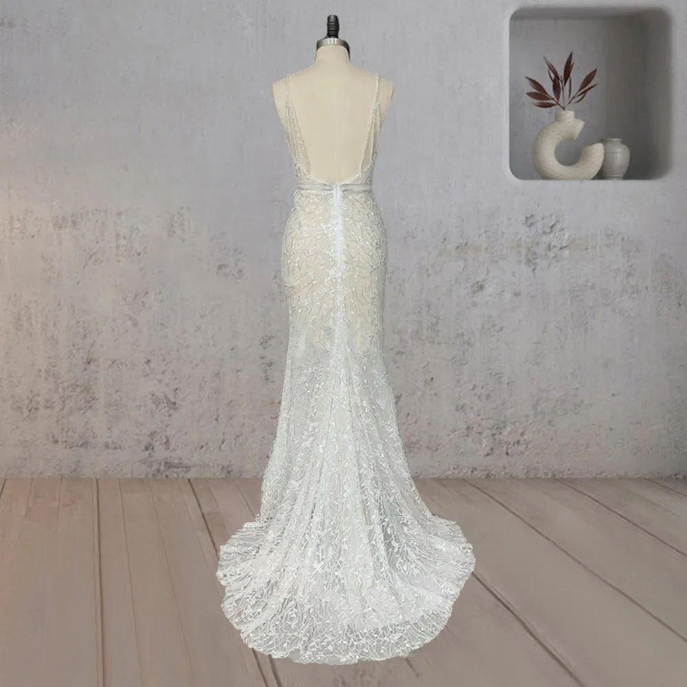Mermaid Lace Deep V Wedding Dress with Appliques sold by KissProm product image thumbnail 2