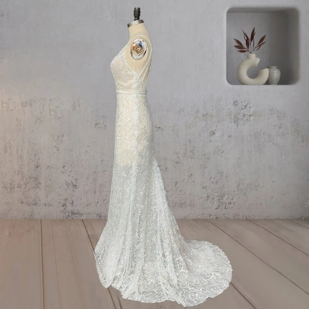 Mermaid Lace Deep V Wedding Dress with Appliques sold by KissProm product image thumbnail 3
