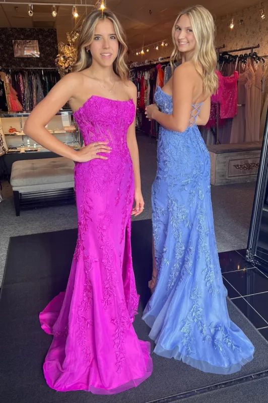 Mermaid Strapless Lace Tulle Prom Dress with Slit sold by KissProm