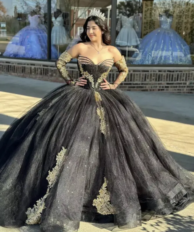 Black Long Sleeves Strapless Quinceanera Dresses with Appliques sold by KissProm