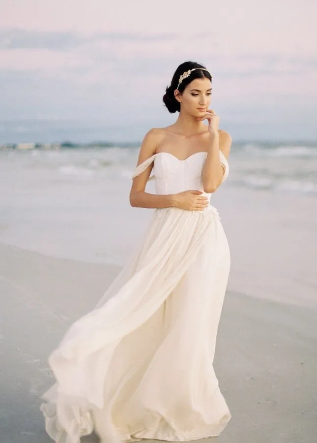 Chiffon A-line Off-the-Shoulder Backless Beach Wedding Dress with Lace Bodice sold by KissProm product image thumbnail 3
