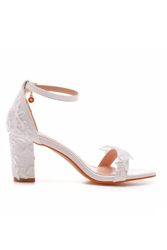 Elegant White Lace Open Toe Ankle-strap Block Heels sold by KissProm