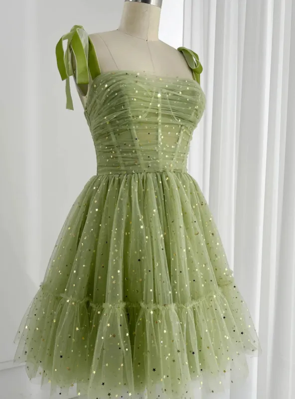 Green Tulle Sequins Spagheti Straps Pleats Homeocming Dress sold by KissProm