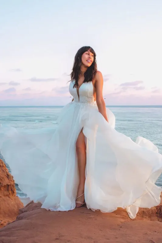Bohemian A Line V Neck Tulle Wedding Dresses with Appliques sold by KissProm