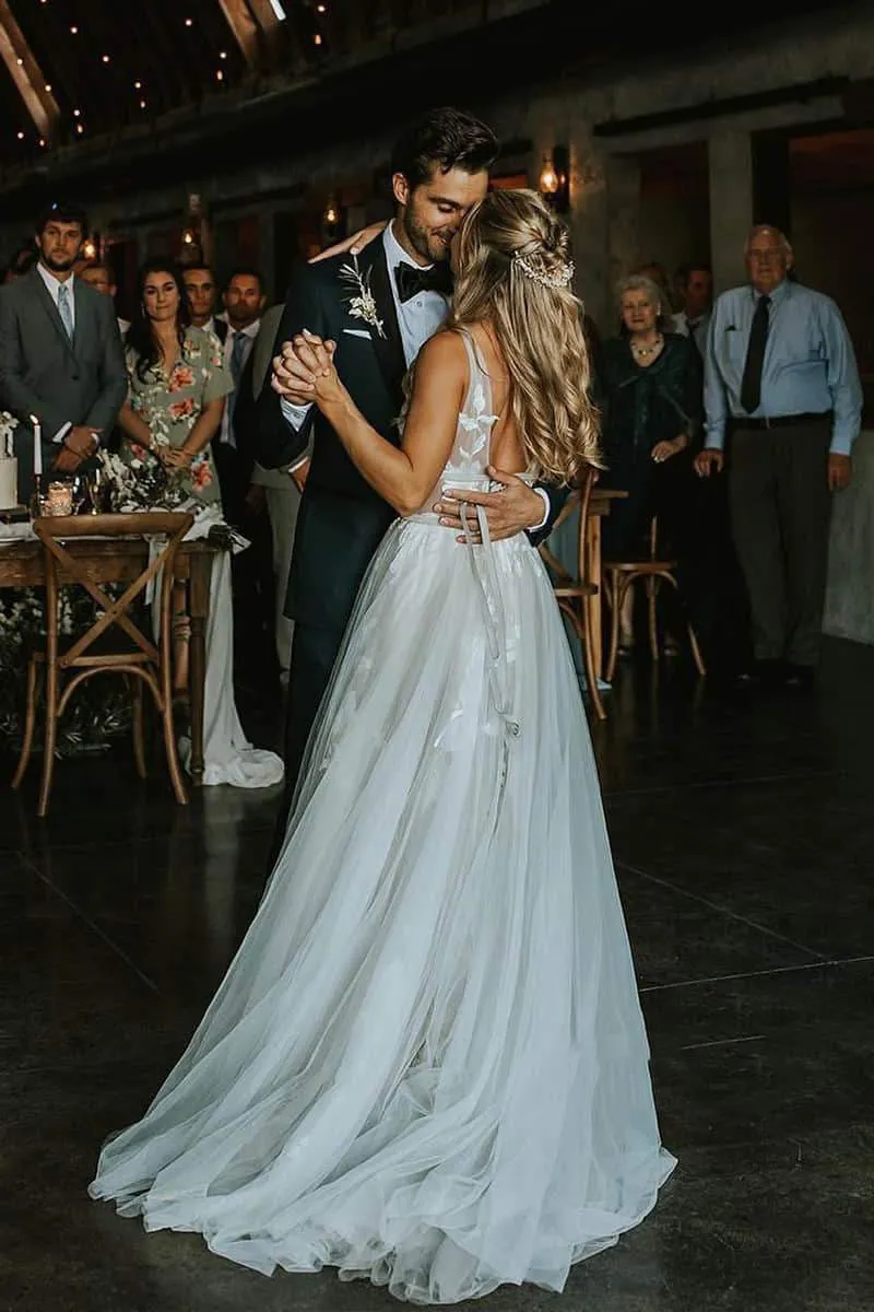 Marvelous V-neck A-Line Wedding Dress Tulle Appliques Rustic Wedding Dress sold by KissProm product image thumbnail 3