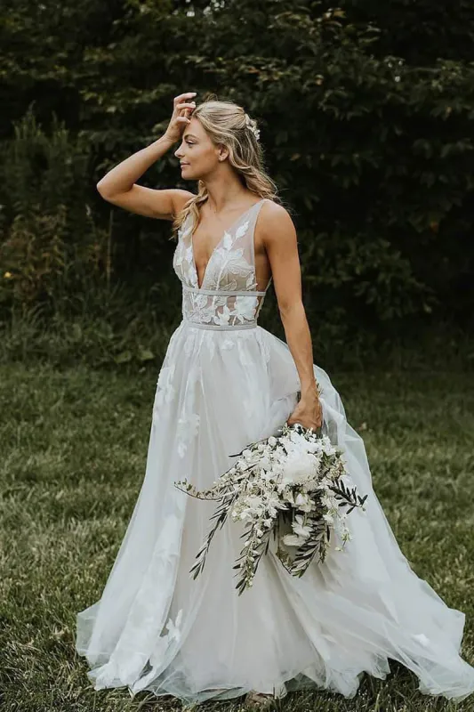 Marvelous V-neck A-Line Wedding Dress Tulle Appliques Rustic Wedding Dress sold by KissProm