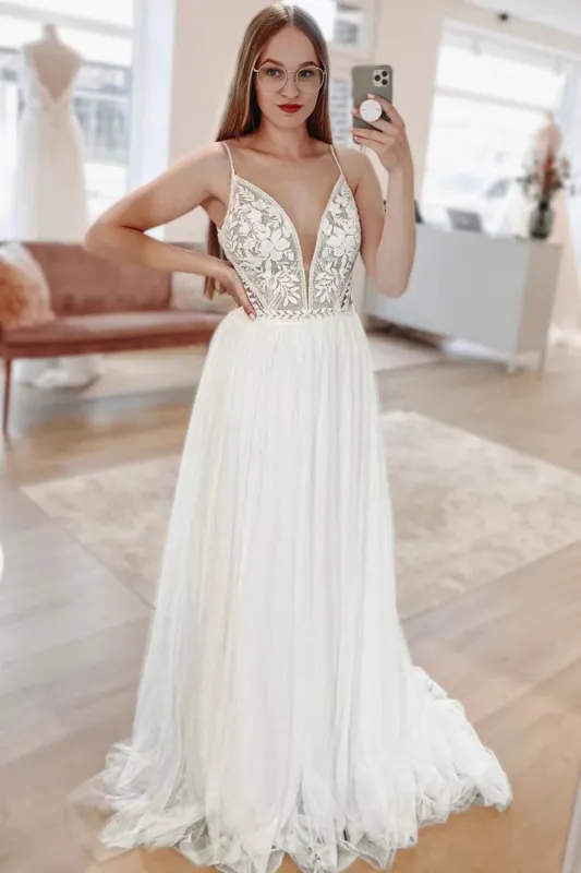 Harmoni | Simple White A-Line Boho Long Chiffon Wedding Dress with Lace Appliques sold by KissProm