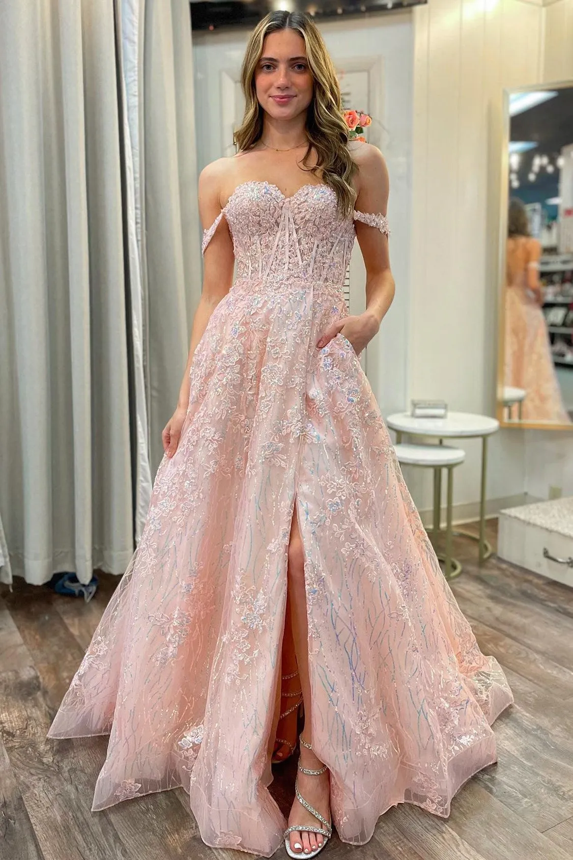 Sally | Pink Appliques Off-the-Shoulder A-Line Long Prom Dress sold by KissProm