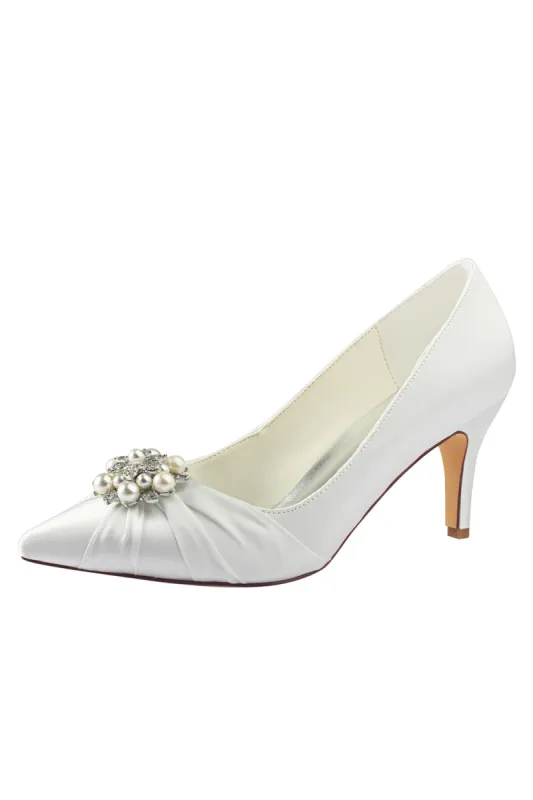 Wedding Shoes Close Toe Stiletto Heel Satin With Rhinestone Ruffles sold by KissProm