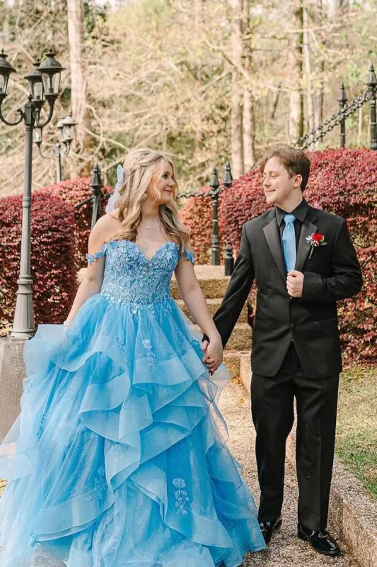 Blue Off the Shoulder Ruffle Tiered Tulle Long Prom Dresses with Appliques sold by KissProm