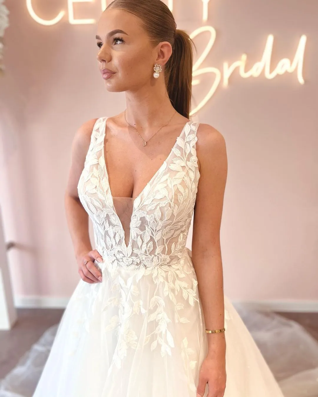 Elegant A Line V Neck Tulle Wedding Dresses with Appliques sold by KissProm product image thumbnail 4