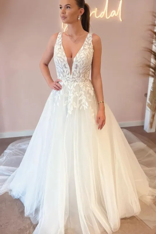 Elegant A Line V Neck Tulle Wedding Dresses with Appliques sold by KissProm