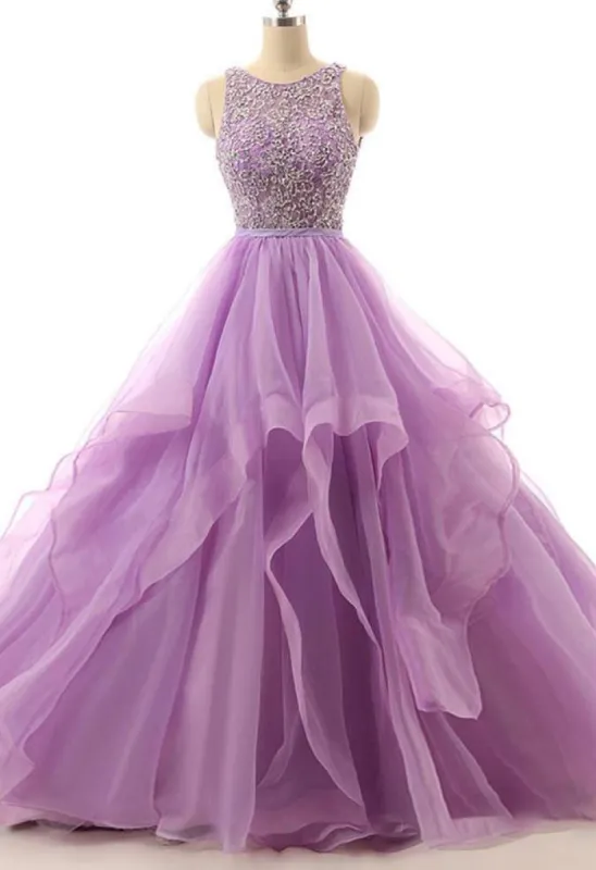 Lilac Lace Beaded Long Organza Quinceanera Ball Gowns sold by KissProm