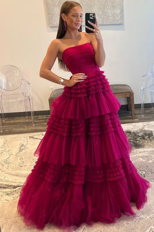 Daniela |A-Line Strapless Tulle Long Prom Dress with Tiered Ruffles sold by KissProm