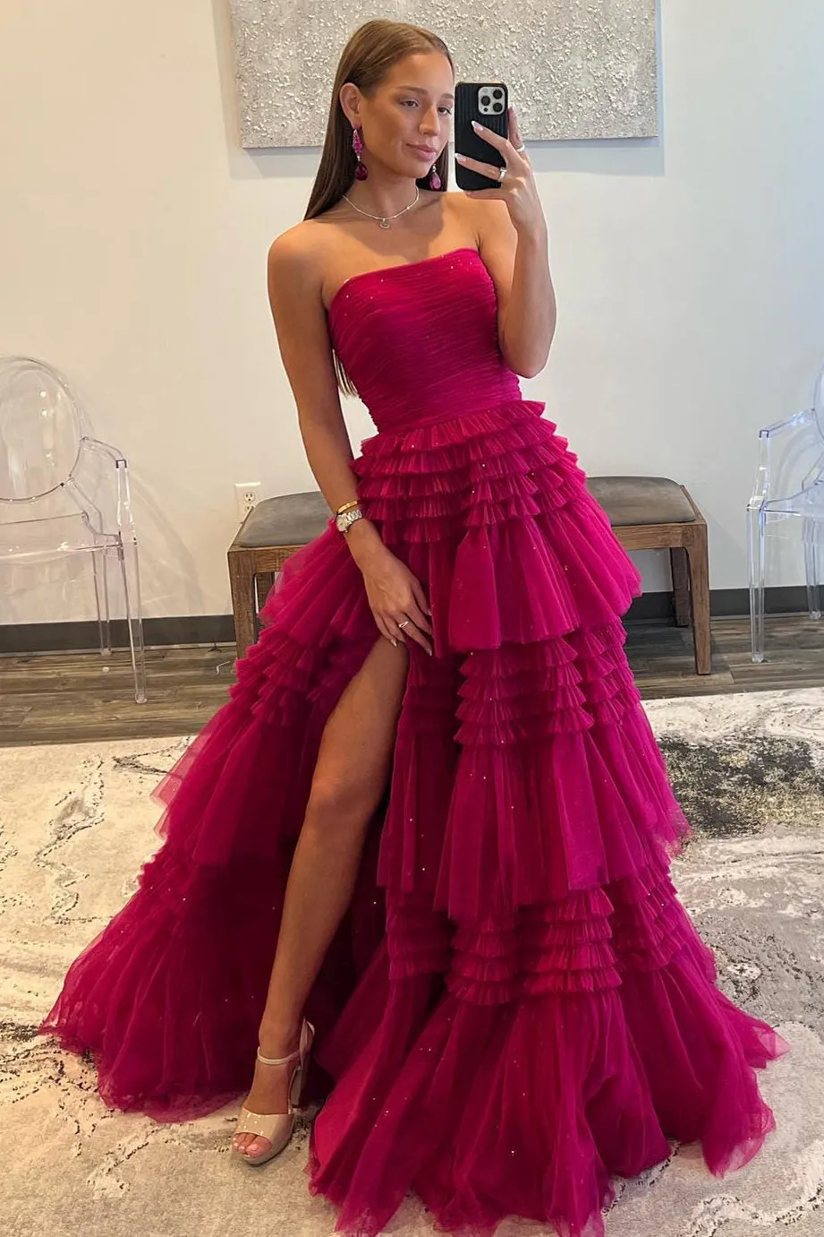 Daniela |A-Line Strapless Tulle Long Prom Dress with Tiered Ruffles sold by KissProm product image thumbnail 2