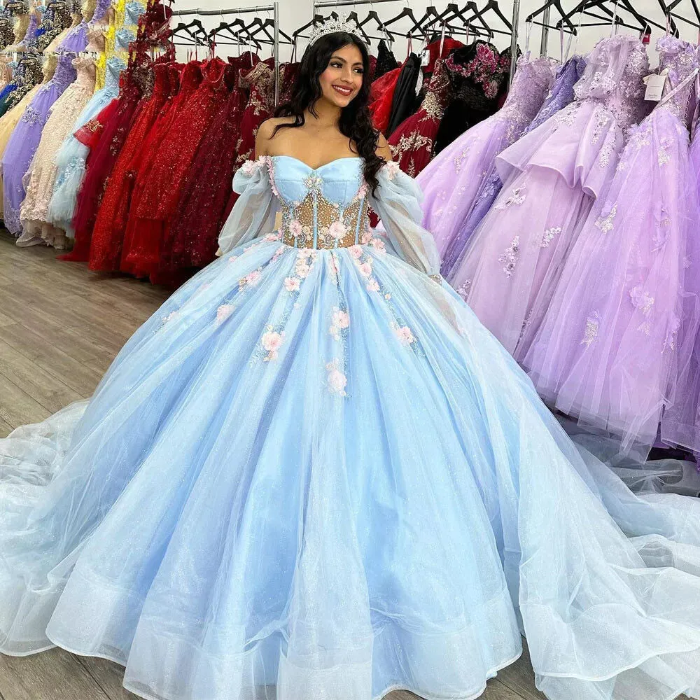 Puffy Blue Organza Ball Gown Beaded Off-the-Shoulder Quinceanera Dress sold by KissProm