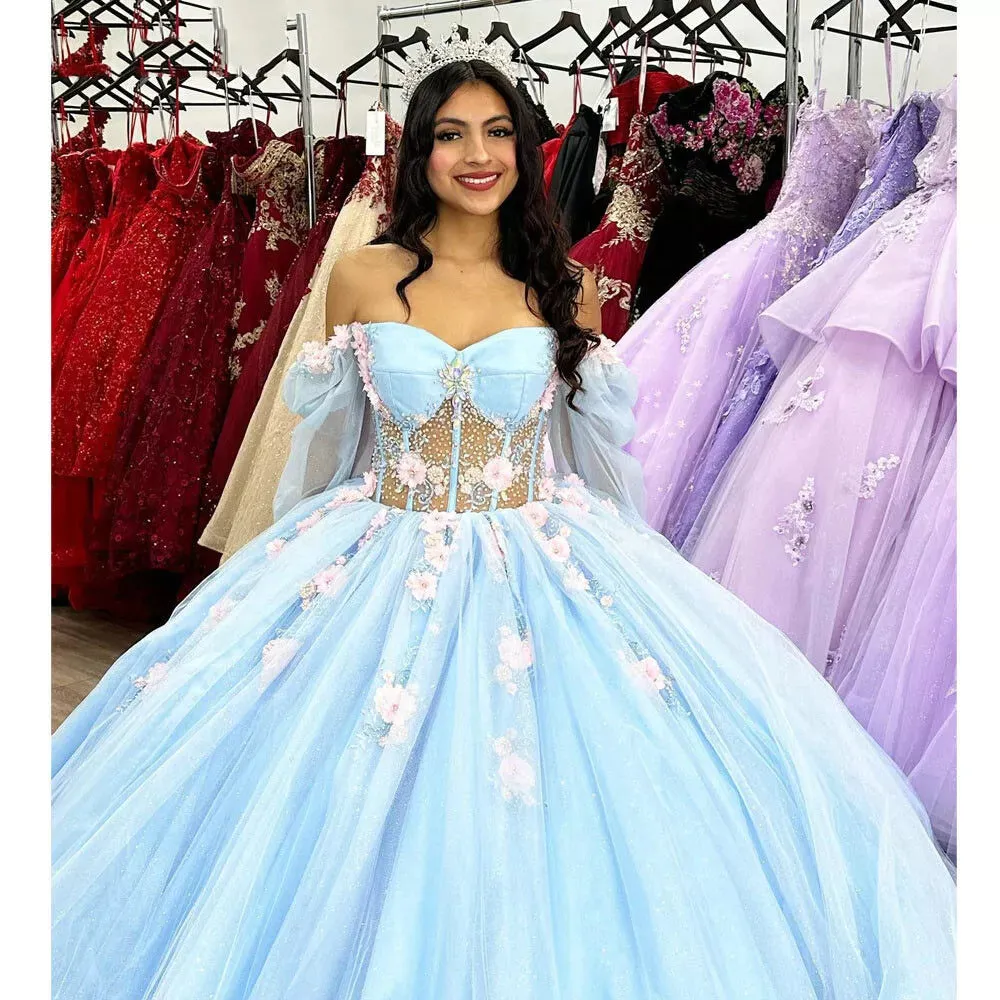 Puffy Blue Organza Ball Gown Beaded Off-the-Shoulder Quinceanera Dress sold by KissProm product image thumbnail 2