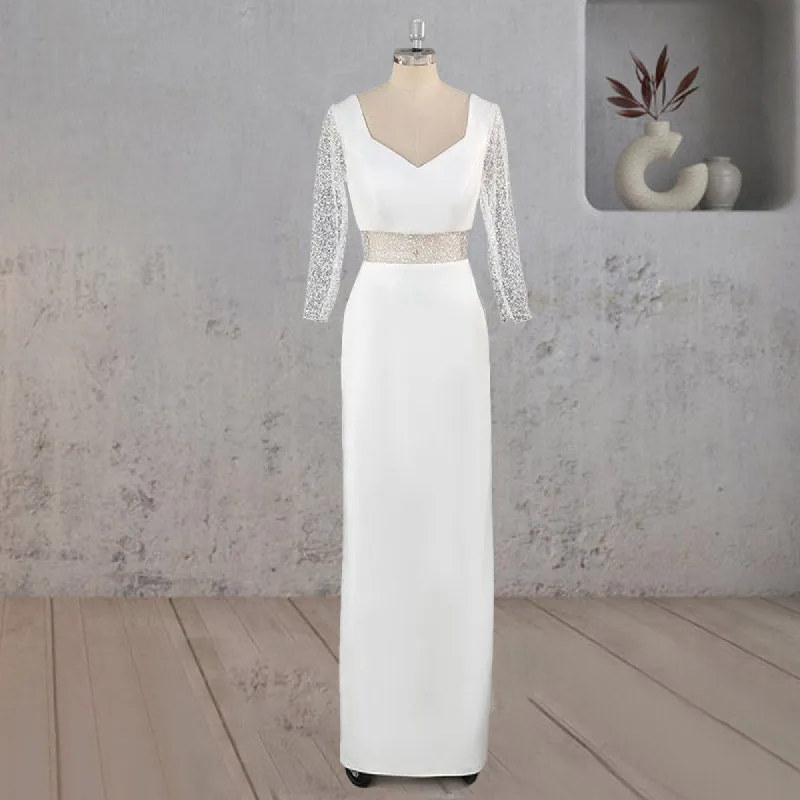Thalassa | Sheath V Neck White Satin Long Wedding Dress sold by KissProm