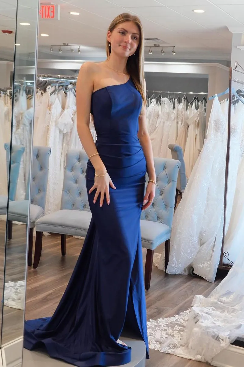 Simple Mermaid One Shoulder Navy Blue Satin Long Prom Dresses sold by KissProm