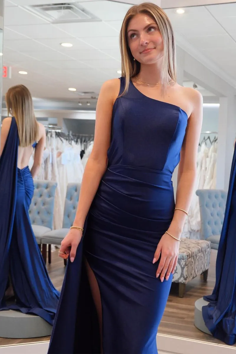 Simple Mermaid One Shoulder Navy Blue Satin Long Prom Dresses sold by KissProm product image thumbnail 2