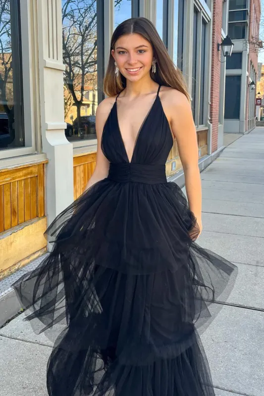 Adalyn | Black A-line Deep V Neck Cross Back Tulle Multi-Layers Long Prom Dress sold by KissProm
