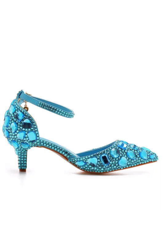 Pointed Toe Crystal Diamond  Ankle Strap Kitten Heels sold by KissProm