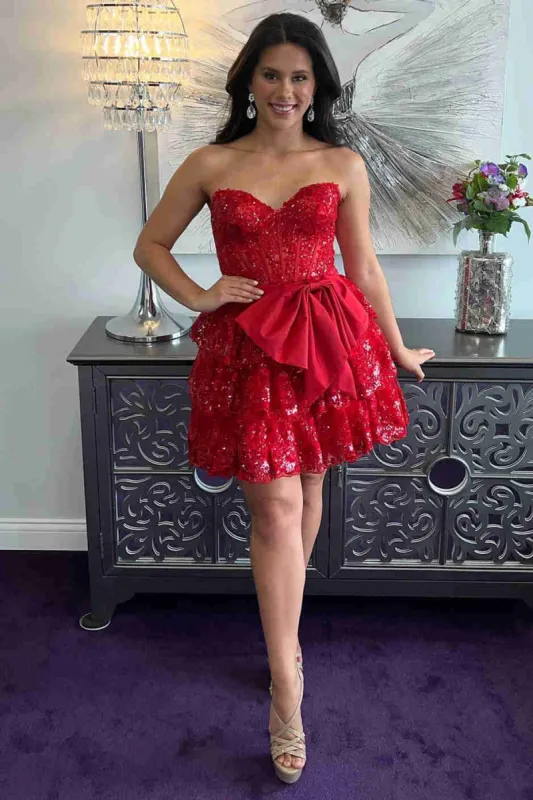 Maylin | Red - Corset Sequin Appliques Short Party Dress with Bow sold by KissProm