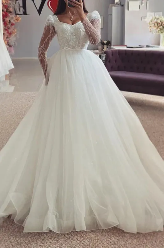 Bateau Long Sleeve Sequined Appliques Empire Tulle Wedding Dress sold by KissProm