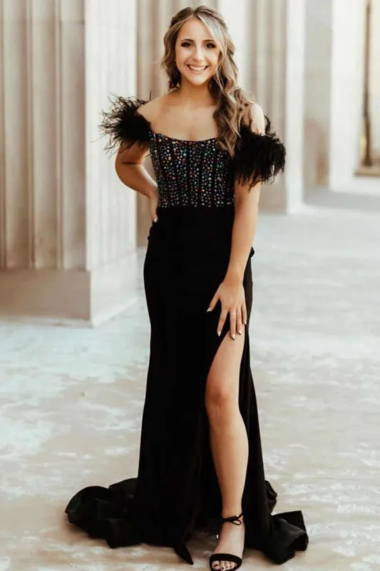 New Mermaid Satin Off The Shoulder Beaded Side Slit Long Prom Dresses With Feather sold by KissProm